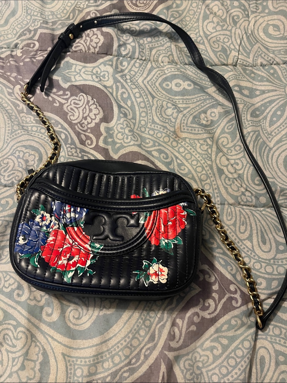 Tory Burch Black Quilted Crossbody with Red & Blue Floral Print